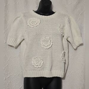 GRIEGE Womens Cream Puff Sleeve Flower Knit Short Sleeve Sweater Top Size M